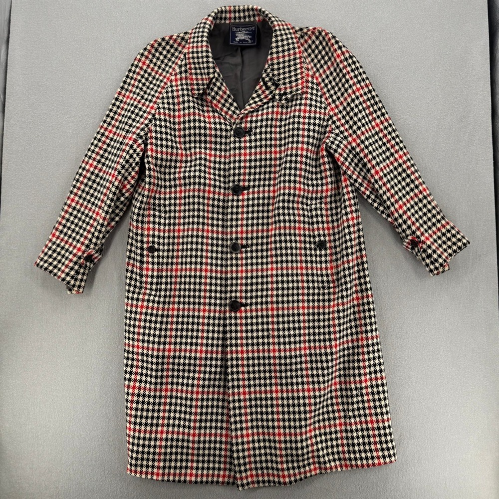 Vintage Burberry's Houndstooth Red Black White Wool England Overcoat Women L